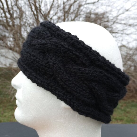 Women\'s Alpaca Headband Ear Warmer Handmade Knit Black Celtic Irish Aran Cabled main image 8